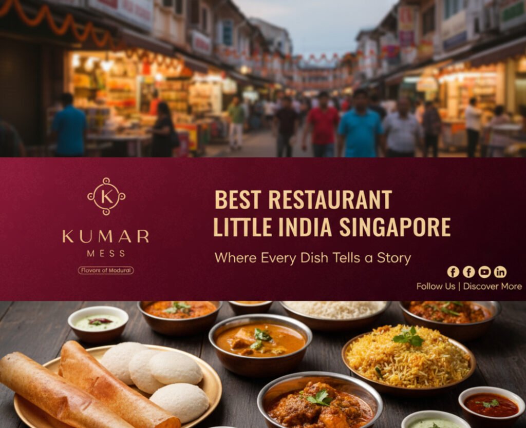 "BEST RESTAURANT LITTLE INDIA SINGAPORE" and "Where Every Dish Tells a Story," over a spread of authentic South Indian dishes including dosa, idli, biryani, and curries.